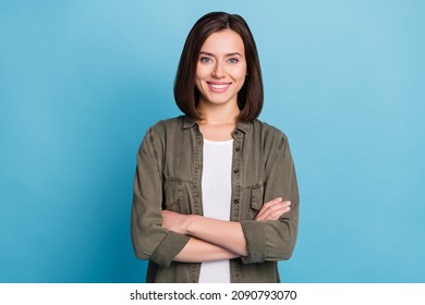 Photo of charming cool lady arms crossed ready for start-up work wear grey clothes isolated over blue color background
