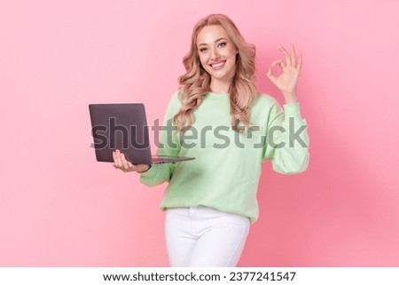 Photo of charming girl programmer show okey sign recommendation every linkedin candidate hiring workers isolated on pink color background