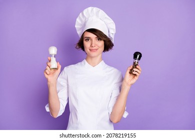 Photo Of Charming Happy Nice Young Woman Hold Hands Spice Chef Hotel Isolated On Purple Color Background