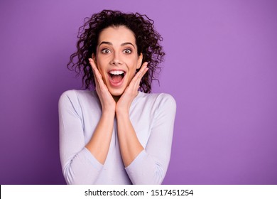 Photo of charming lady holding arms on cheeks open mouth enjoy reading black friday sale banner wear pullover isolated purple color background