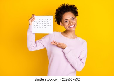 Photo Of Charming Positive Dark Skin Person Hold Demonstrate Calendar Isolated On Yellow Color Background