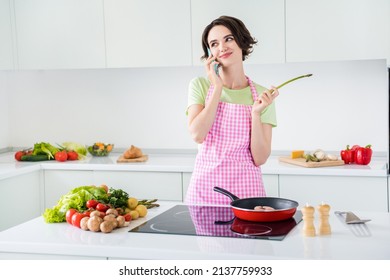 Photo of charming positive person speak telephone frying salmon enjoy morning kitchen indoors - Powered by Shutterstock