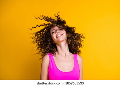 Photo of charming pretty overjoyed lady good mood chilling warm sea summer breeze eyes closed amazing wavy hairdo flight wear pink singlet tank-top isolated shine yellow color background - Powered by Shutterstock