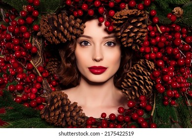 Photo Of Charming Tender Young Lady Face In Wreath Frame Enjoy Christmas Holiday Isolated On Decoration Background