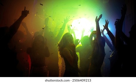 Photo of cheerful bachelorette clubbers buddies enjoy nightlife show air hands up show dancing on disco floor with neon filter lights - Powered by Shutterstock