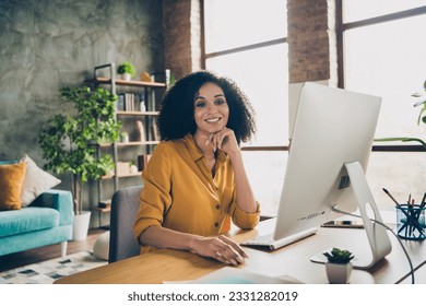 Photo of cheerful clever lady secretary wear shirt communicating modern gadget indoors workstation workshop - Shutterstock ID 2331282019