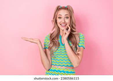 Photo of cheerful excited girl wear stylish summer costume blouse recommend new collection isolated on pink color background
