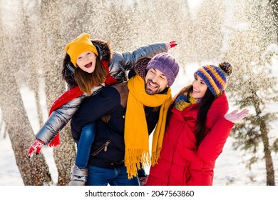 Photo of cheerful family happy positive smile mommy daddy daughter piggyback snowy winter weekend park - Powered by Shutterstock