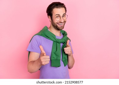 Photo of cheerful good mood man wear shirt on shoulder flirting with you girlfriend isolated on pink color background