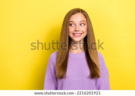 Photo of cheerful gorgeous lady wear violet stylish clothes interested look empty space cool offer isolated on yellow color background