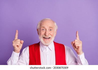 Photo Of Cheerful Happy Old Man Point Fingers Up Recommend Solution Isolated On Purple Violet Color Background