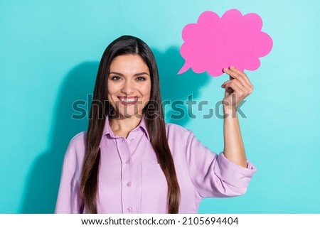 Photo of cheerful lady hold opinion mind cloud wear violet shirt isolated turquoise color background