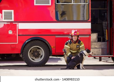 Photo Of Cheerful Man Firefighter With Dog Near Fire Truck