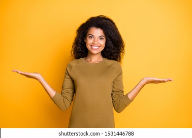 Photo of cheerful nice cute charming gorgeous pretty black youngster smiling toothily holding to options with social media accounts to follow isolated over vivid color background - Shutterstock ID 1531446788