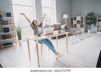 Photo of cheerful overjoyed lady chief rejoice manage increase company budget salary finish work deal celebrate vacation workstation indoor - Shutterstock ID 2261372799