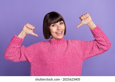 Photo of cheerful positive crazy female pointing finger herself self-recommend feedback isolated on violet color background