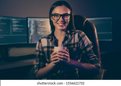 Photo Of Cheerful Positive Nice Pretty Sweet Girl Holding Cup Of Tea In Spectacles Having Break Before Second Part Of Her Evening Shift