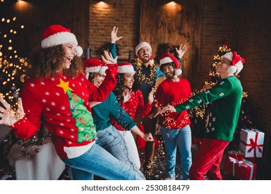 Photo of cheerful young people friends group good mood dancing cheerful smile cozy christmas party decor spacious apartment indoors - Powered by Shutterstock