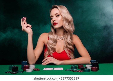 Photo of chic fancy lady professional poker player win every game in club over mist dark background