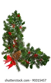 Photo of a Christmas garland in an L shape with holly, red berries, ivy, spruce, pine cone and a red bow. Isolated on a white background.