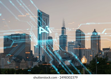 Photo of city skyline with modern skyscrapers and digital interface overlay, illuminated at dusk, concept of technology and AI integration in urban environments
