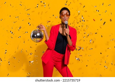 Photo Clubber Butch Hair Lady Guy Disco Ball Sing Pop Star Mic Wear Red Stylish Trendy Blazer Isolated Vivid Color Background