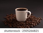 photo coffee beans and a cup of coffee, photography, close-up, shop, coffee, seed, horizontal, bean, drink, background, brown, black coffee, espresso, cafe, caffeine, cup