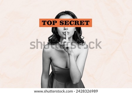 Photo collage of anonymous woman wearing dress cant say any word point finger mouth hiding top secret isolated on beige background