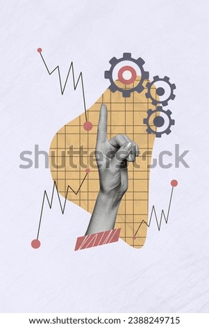 Photo collage artwork of arm finger showing working start up presentation isolated violet color background