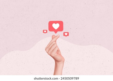 Photo collage artwork composite sketch image of young woman hand show reaction heart like banner icon korean love symbol gesture finger - Powered by Shutterstock