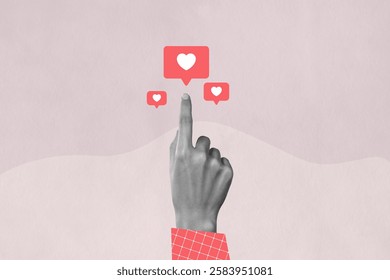 Collage de fotos Obra de arte Croquis compuesto Imagen de la mano apuntando a los medios sociales Corazón como gesto de icono