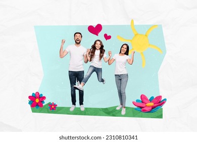 Photo collage artwork of funny excited little kid dad mom walking together warm weather isolated graphical background