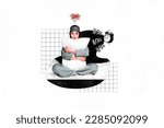 Photo collage artwork minimal picture of tired exhausted lady hugging pillow working time isolated drawing background