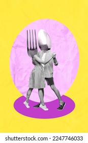 Photo collage artwork minimal picture of funny couple utensils instead head dancing together isolated drawing background
