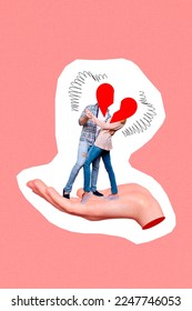 Photo collage artwork minimal picture arm holding dancing couple heart halves instead heads isolated drawing background