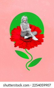 Photo collage artwork minimal picture happy charming lady sitting inside red flower isolated drawing background