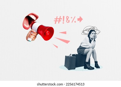 Photo collage artwork minimal picture of upset sad lady listening flight delay announcement isolated drawing background