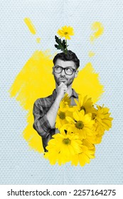 Photo collage artwork minimal picture thoughtful guy flower growing head isolated drawing background
