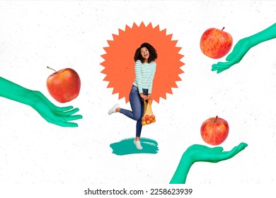 Photo collage artwork minimal picture of carefree happy lady choosing market best apples isolated drawing background - Shutterstock ID 2258623939