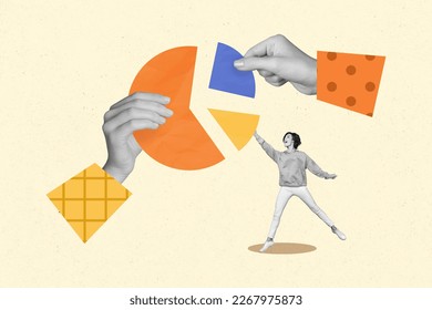 Photo collage artwork minimal picture of excited happy lady collecting puzzle big arms isolated drawing background