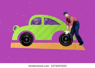 Photo collage artwork minimal picture of funny guy changing auto wheel isolated drawing background