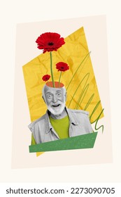 Photo collage artwork minimal picture funky funny excited old guy flowers growing head isolated drawing background