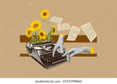 Photo collage artwork minimal picture of arms typing vintage machine sunflowers growing isolated drawing background