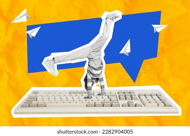 Photo collage artwork minimal picture of carefree funny small lady walking arms keyboard isolated drawing background - Powered by Shutterstock