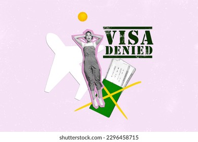 Photo collage artwork minimal picture of shocked unhappy lady getting visa denial isolated pink color background - Shutterstock ID 2296458715