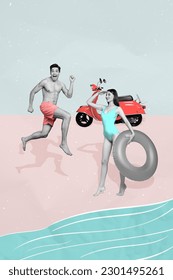 Photo collage artwork minimal picture smiling excited couple enjoying anniversary vacation isolated creative background