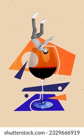 Photo collage artwork minimal picture of crazy funky guy diving big wine glass isolated beige color background