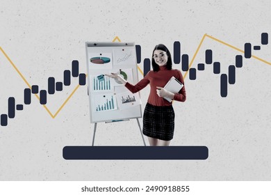 Photo collage artwork minimal picture of smiling lady showing working presentation isolated creative background - Powered by Shutterstock