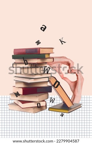 Photo collage artwork minimal picture of arms showing heart loving reading book isolated drawing background