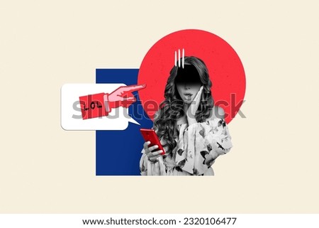 Photo collage artwork minimal picture of stressed unhappy lady getting hate twitter telegram facebook sms isolated creative background